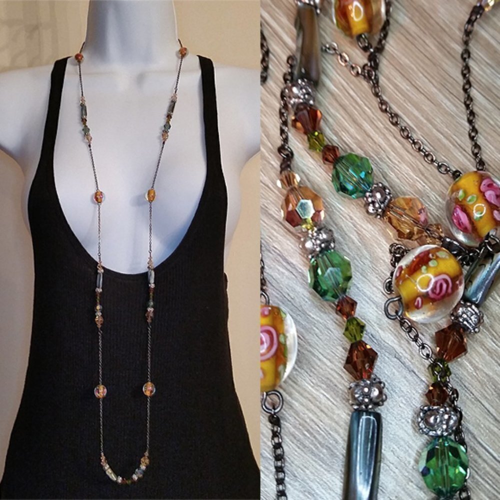 DOL Swarovski Crystals Abalone Glass Necklace New Extra Long Vintage Designer